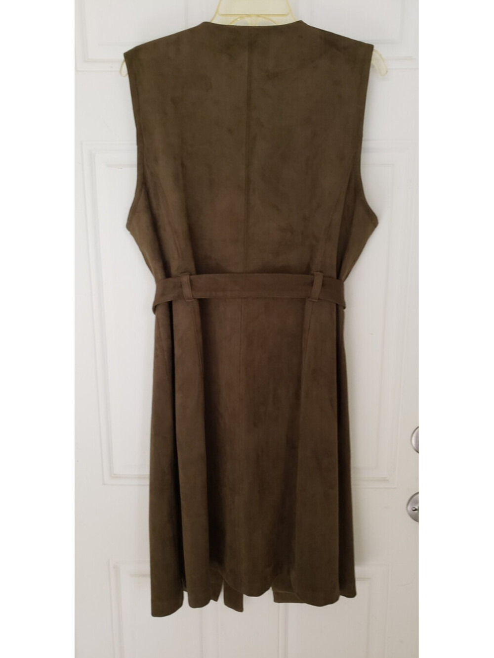 Chicos Vest Size 2 US 12 (L) Belted Olive Green Faux Suede Long Open Topper - Picture 4 of 6